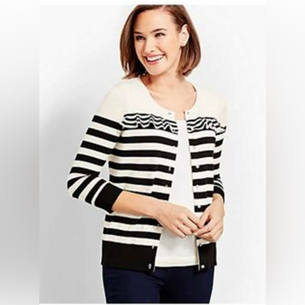 NWT TALBOTS IVORY AND BLACK STRIPED RUFFLED CHARMING
CARDIGAN SMALL